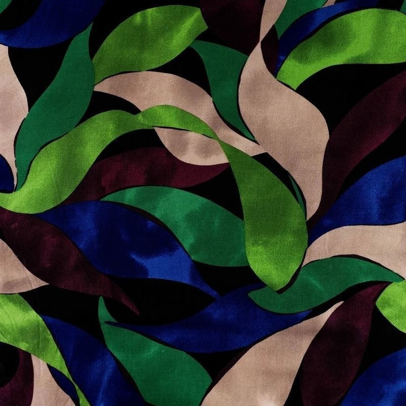 Coupon 3m Tissu Satin de Viscose Imprimé Feuilles Vert bleu Roi 