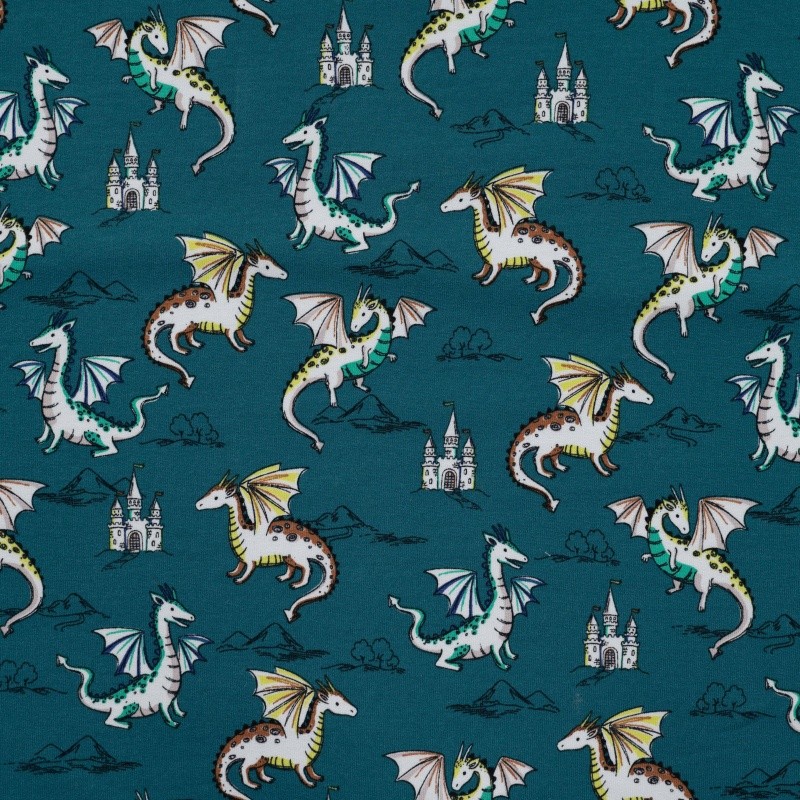 Coupon 3m Tissu Sweat Imprimé Dragon Pétrole